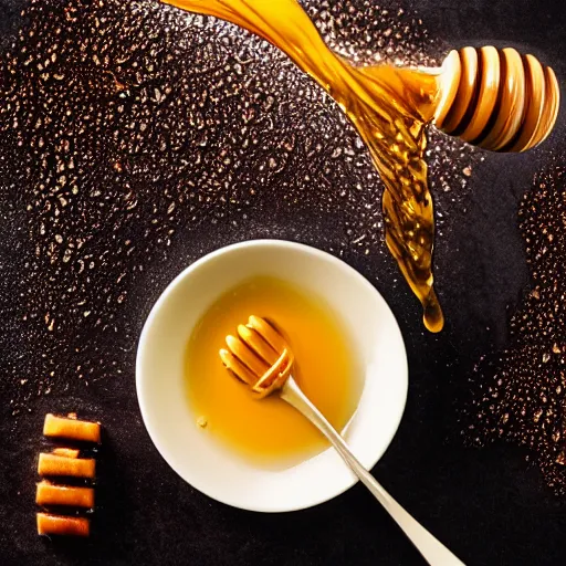 Image similar to honey splashing into honey, hyper realistic, award winning food photography