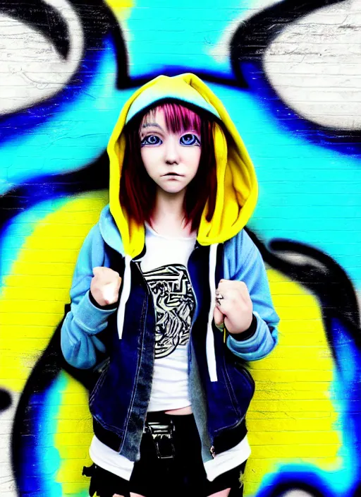 Prompt: highly detailed portrait of a city punk lady student, blue eyes, hoodie, white hair by akira toriyama, gradient yellow, black, brown and cyan blue color scheme, grunge aesthetic!!! ( ( graffiti tag wall background ) )