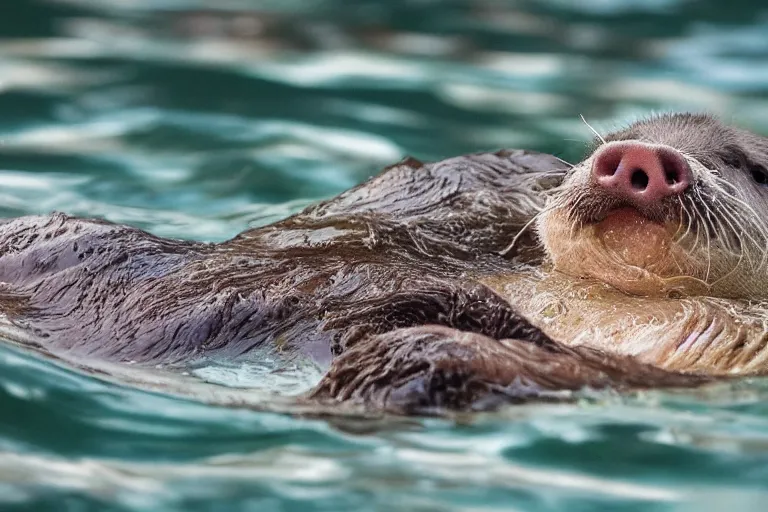 Image similar to a pig sea otter!!! hybrid! hyper realistic!! realistic lighting!! wildlife photographer of the year!!! bold natural colors, national geographic, hd, wide angle, 8 k