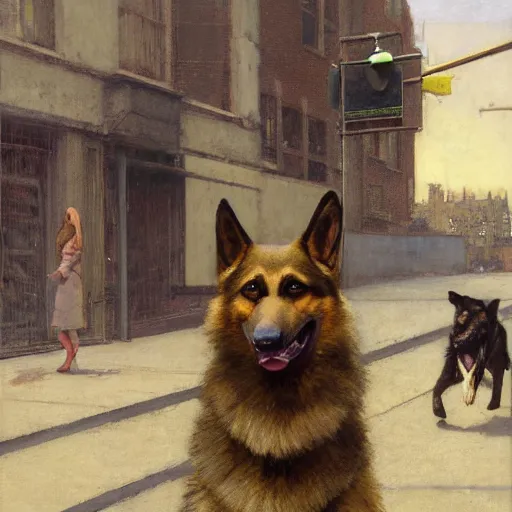 Prompt: new york city portrait of furry anthro anthropomorphic german shepard head animal person fursona wearing clothes cybernetic muzzle sad gloomy in the alley, sunny day, digital art by Nerdrum John, William Waterhouse, Winslow Homer, Alex Heywood, Jordan Grimmer, Darren Quach, Greg Rutkowski, Simon Stalenhag, trending on Artstation, CGSociety