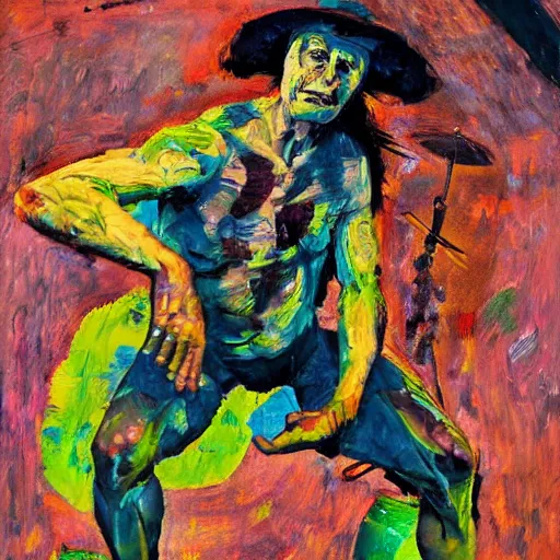 Prompt: brash by denis sarazhin, by william gropper shutterstock, body art. the art installation is a gestural abstraction of a drummer in the midst of an improvised solo. a sense of rhythm & movement in the work.