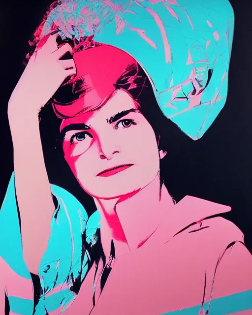 Image similar to beautiful fantasy character portrait, jacqueline kennedy silk screen print by andy warhol, wearing oversized puffy pink bomber jacket and black bikini, ultra realistic, wide angle, seductive pose, cyberpunk artifacts, highly detailed by peter mohrbacher, hajime sorayama, wayne barlowe, boris vallejo, aaron horkey, gaston bussiere, craig mullins