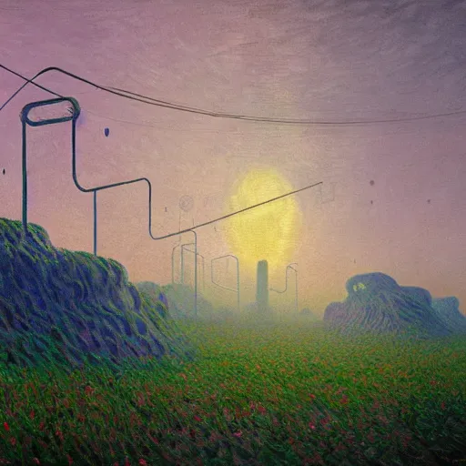 Prompt: An otherworldly landscape by Simon Stålenhag and Claude Monet