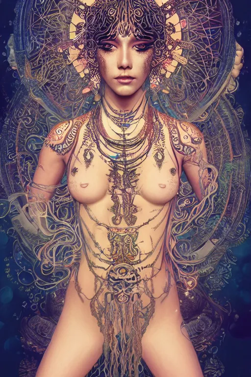 Prompt: a centered render of an mytical festival hippy with tribal tattoos wearing intricate metallic clothing surrounded by a underwater ink pour and flowing liquid gallium and sacred geometry, perfect body and face, gorgeous, cinematic, beautifully lit, by miho hirano, by karol bak, by donato giancola, 3 d, trending on artstation, octane render, 8 k