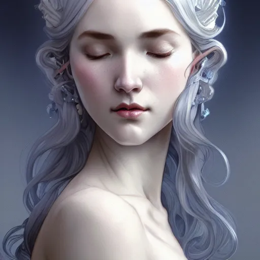 Image similar to closed eyes, aristocrat, white grey blue color palette, female, d & d, fantasy, intricate, elegant, highly detailed, long silver hair, digital painting, artstation, octane render, concept art, matte, sharp focus, illustration, hearthstone, art by artgerm, alphonse mucha johannes voss