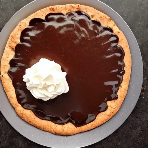 Prompt: iPhone 5S photograph of A hot cookie cake pizza with chocolate pepperonis made with chocolate sauce and whipped cream