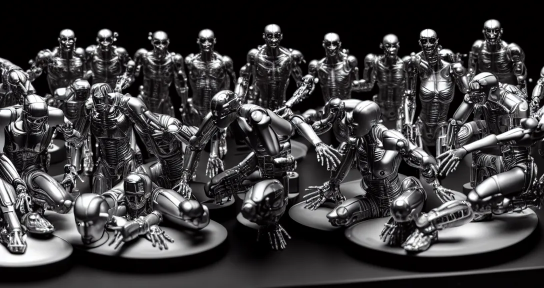 Image similar to war, 13 diverse cyborgs on one_side of a reflective !cybernetic table, posing_as_last_supper, inticrate detailed glowing implants, highly detailed, dramatic lighting, electrical details, high details, beautiful lighting