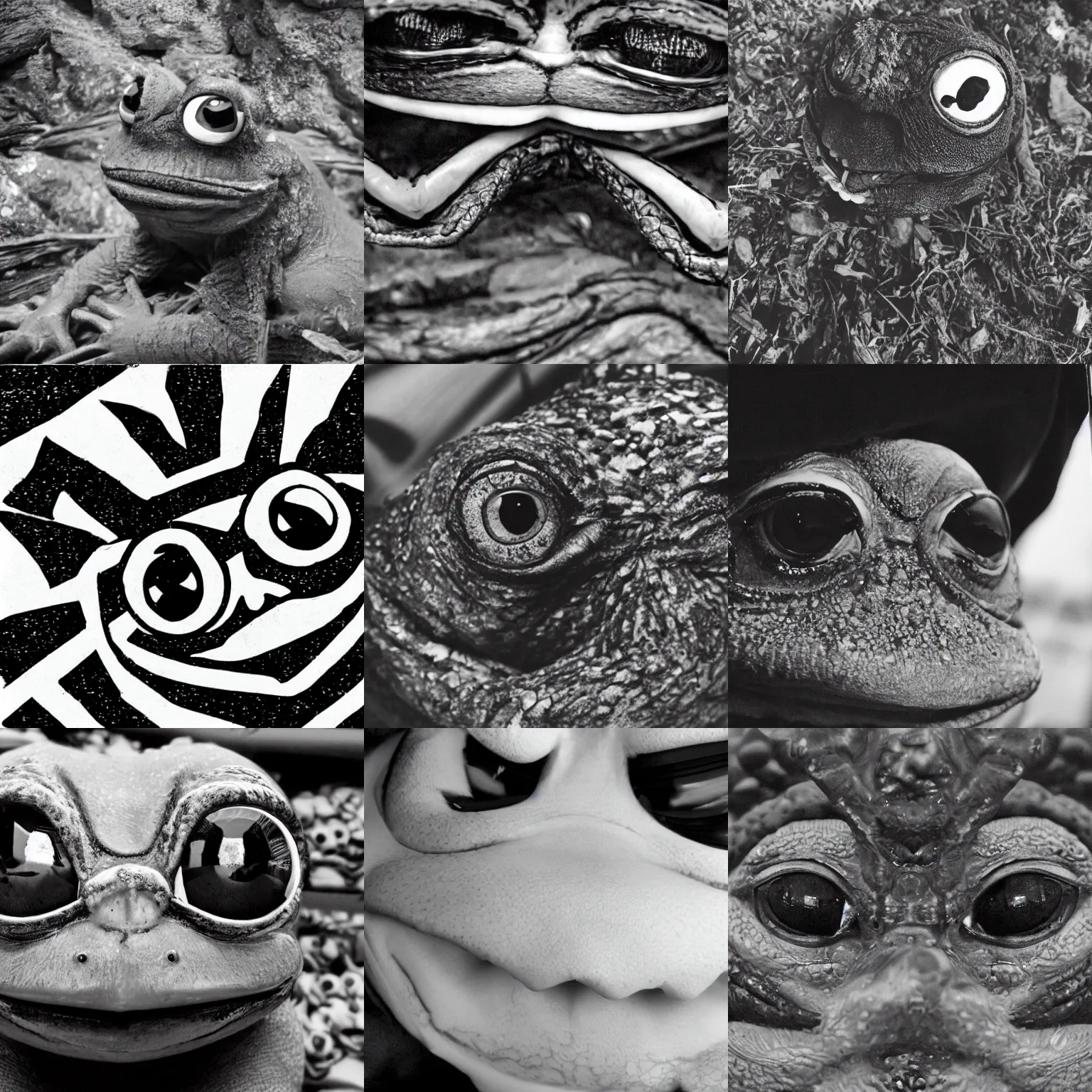 Image similar to stunning black and white photo of pepe the frog