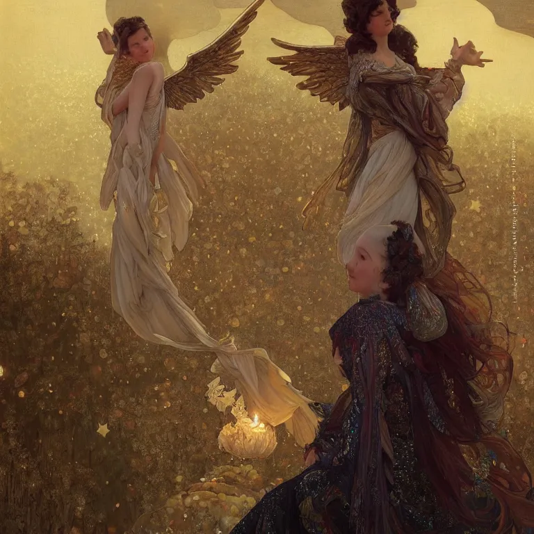 Prompt: a beautiful painting of a winged angel resembling millie bobby brown watching the lantern festival in ancient london, at night with a sky full of stars, intricate, elegant, highly detailed, digital painting, artstation, concept art, by krenz cushart and artem demura and alphonse mucha