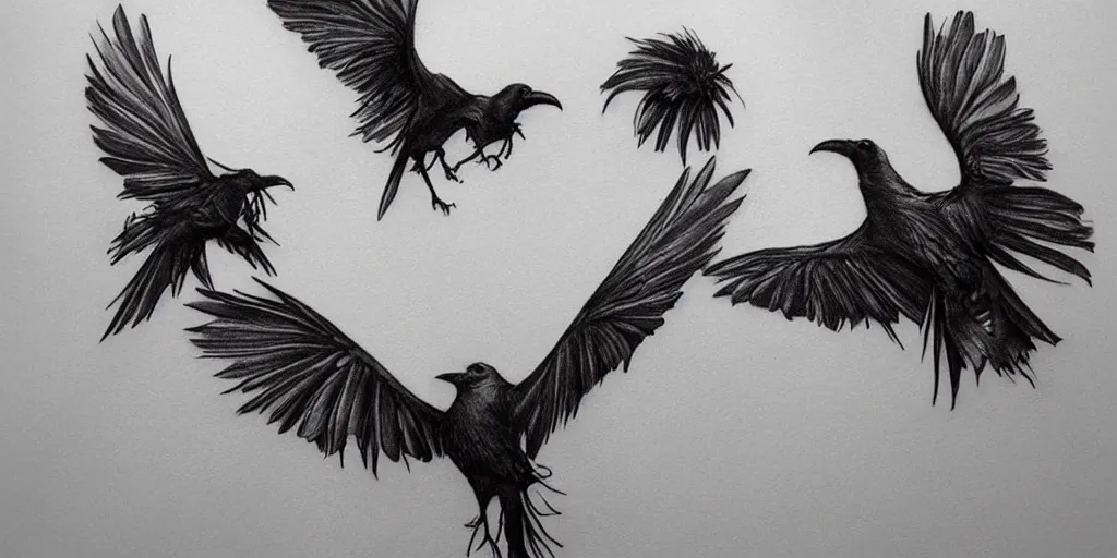 Image similar to realistic tattoo designs drawn on paper, mutant raven, dark, golden, delicate, hyper realism, tim burton, ink, ultra realistic, 8 k