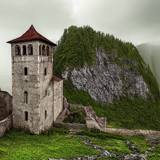 Image similar to old european monastery on the side of a cliff rainy atmosphere 8k photorealistic