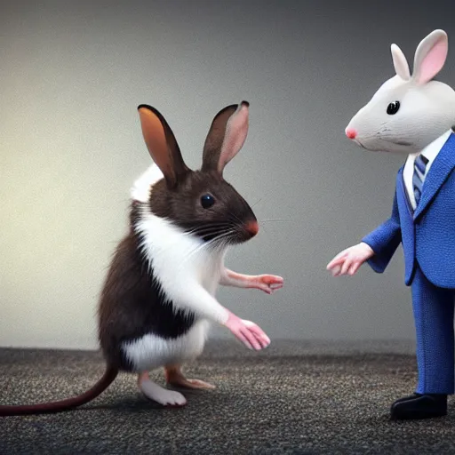 Image similar to a mouse in a suit shaking hands with a rabbit in a suit. Octane render