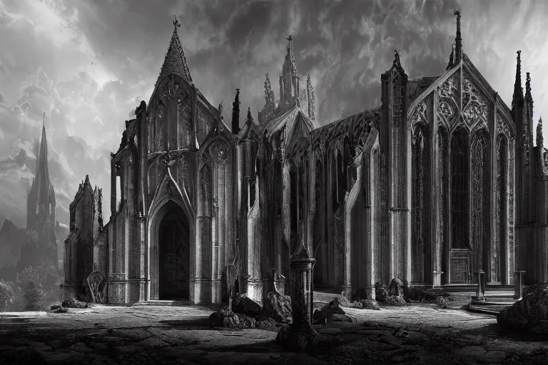 Prompt: a black and white photo of a gothic church, a matte painting by edwin deakin, cgsociety, gothic art, matte drawing, matte painting, gothic