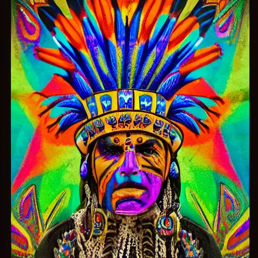 Image similar to a mayan holy man dressed in ceremonial garb on a vision quest, in a psychedelic landscape