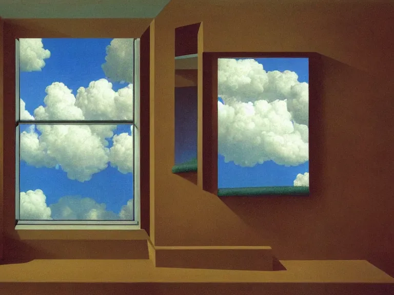 Image similar to room with clouds painted on the walls, painting by rene magritte, centered, high detail, high resolution