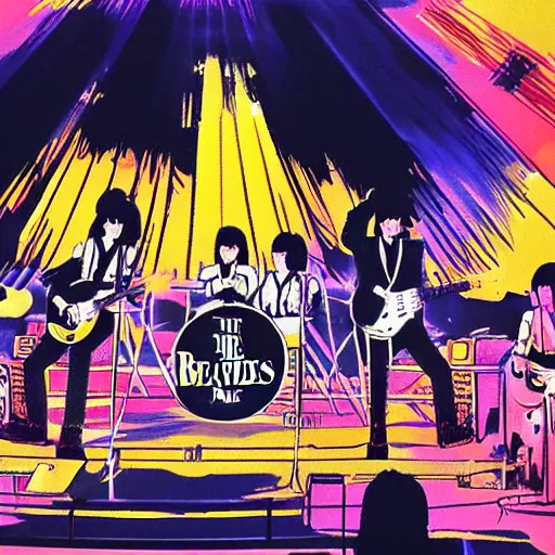 Image similar to The Beatles playing in the Budokan, manga illustration,