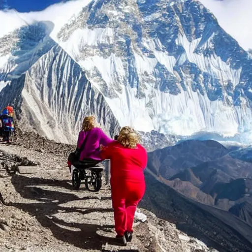 Image similar to blonde lady pushing obese indian woman in a wheelchair up mount everest