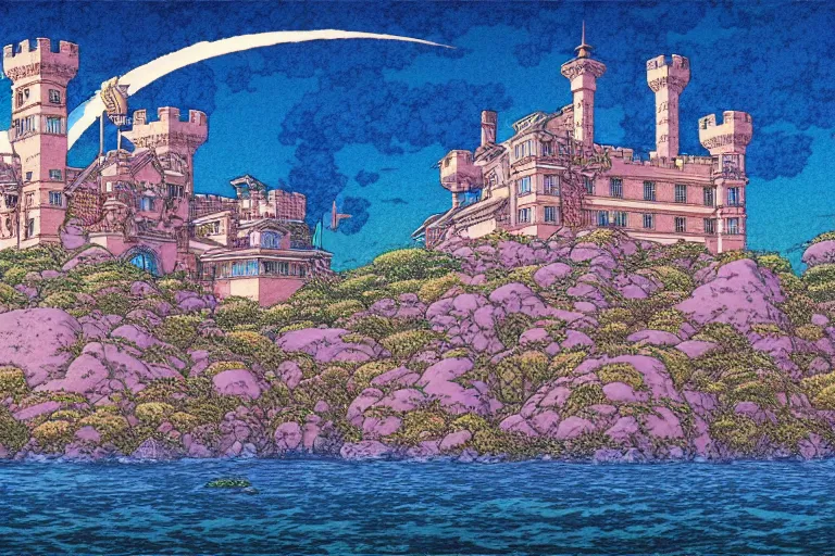 Image similar to establishing shot of a late renaissance castle on an island, key visual with intricate linework, in the style of moebius, ayami kojima, 9 0's anime, retro fantasy, studio ghibli