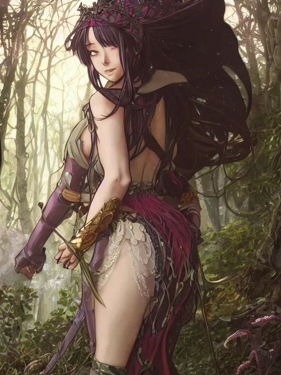 Image similar to anime key visual of amora the enchantress with her back to the camera wearing a medieval gown!! intricate, magical forest, stunning, highly detailed, digital painting, artstation, smooth, hard focus, illustration, art by artgerm and greg rutkowski and alphonse mucha