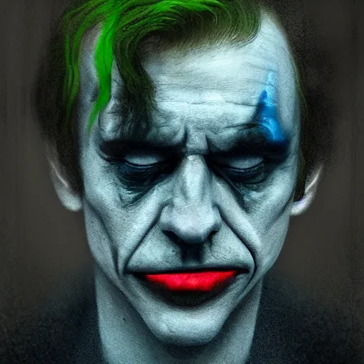 Image similar to cinematic portrait of steve from blue's clues as the joker, perfect face, neon rain, moody, elegant, by alyssa monks, highly detailed, symmetrical face, fine details, masterpiece, trending on artstation