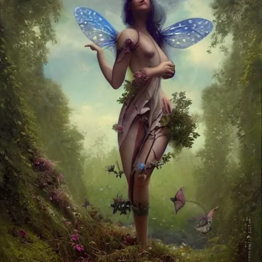 Prompt: a solarpunk very very very beautiful lush landscape of a beautiful nymph in a field are of broken stone words with cyborg workers picking up the broken stone and trying to put them back together, hyperrealistic, award - winning, masterpiece, in the style of tom bagshaw, cedric peyravernay, peter mohrbacher