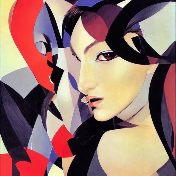 Image similar to abstract portrait of a hyperbeautiful catgirl, geometric, anime style, caravaggio, syd mead