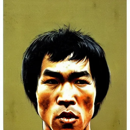 Prompt: Frontal portrait of an angry Bruce Lee. A portrait by Norman Rockwell.