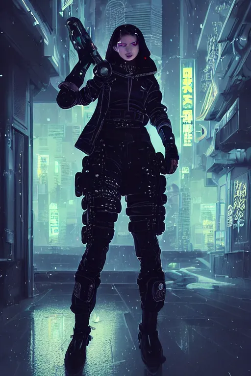 Image similar to portrait futuristic confidence cyberpunk young female Musketeer, in futuristic stormy heavy snowy tokyo rooftop cyberpunk night, ssci-fi, fantasy, intricate, very very beautiful, elegant, neon light, highly detailed, digital painting, concept art, human anatomy, soft light, hdri, smooth, sharp focus, illustration, art by tian zi and craig mullins and WLOP and alphonse mucha