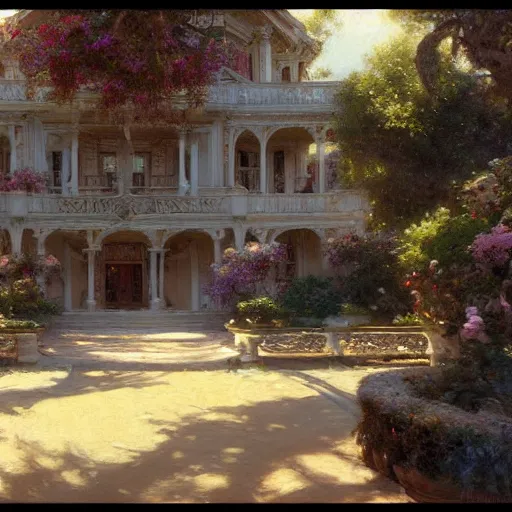 Image similar to detailed cinematic wide shot of mansion, ultra realistic, spring light, painting by gaston bussiere, craig mullins, j. c. leyendecker