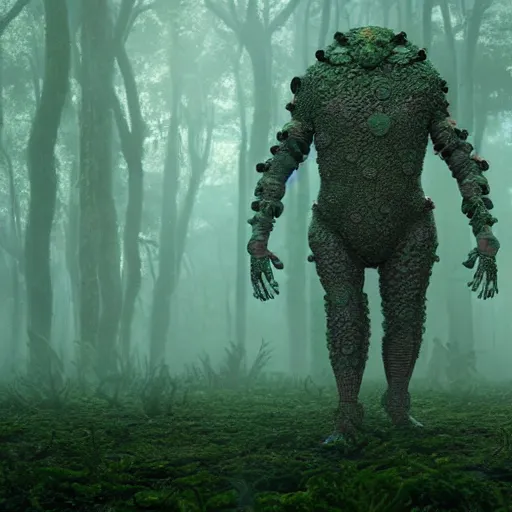 Image similar to a complex organic fractal 3 d metallic symbiotic ceramic humanoid megastructure creature in a swampy lush forest, foggy, cinematic shot, photo still from movie by denis villeneuve, wayne barlowe