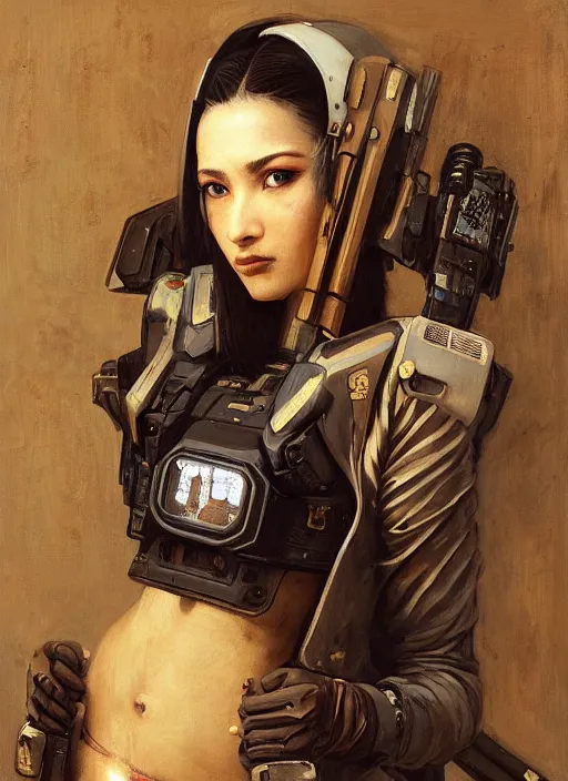 Image similar to Ada. beautiful cyberpunk Samurai woman wearing a military vest and military jumpsuit (cyberpunk 2077, bladerunner 2049). gorgeous african face. Iranian orientalist portrait by john william waterhouse and Edwin Longsden Long and Theodore Ralli and Nasreddine Dinet, oil on canvas. Cinematic, hyper realism, realistic proportions, dramatic lighting, high detail 4k