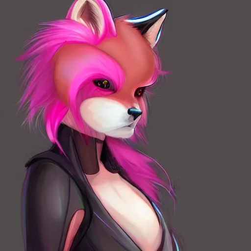 Image similar to digital art artstation, pixiv, portrait of a robotic fox with pink hair, character fursona furry fandom, furaffinity