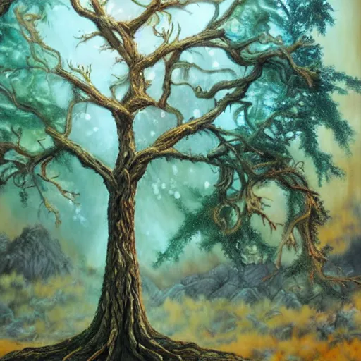 Prompt: A 32 year old tree, fantasy painting, lots of detail