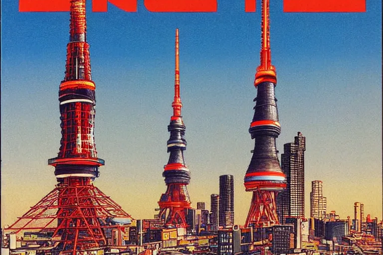 Image similar to 1979 OMNI Magazine Cover of the base of Tokyo tower in neo-Tokyo in cyberpunk style by Vincent Di Fate