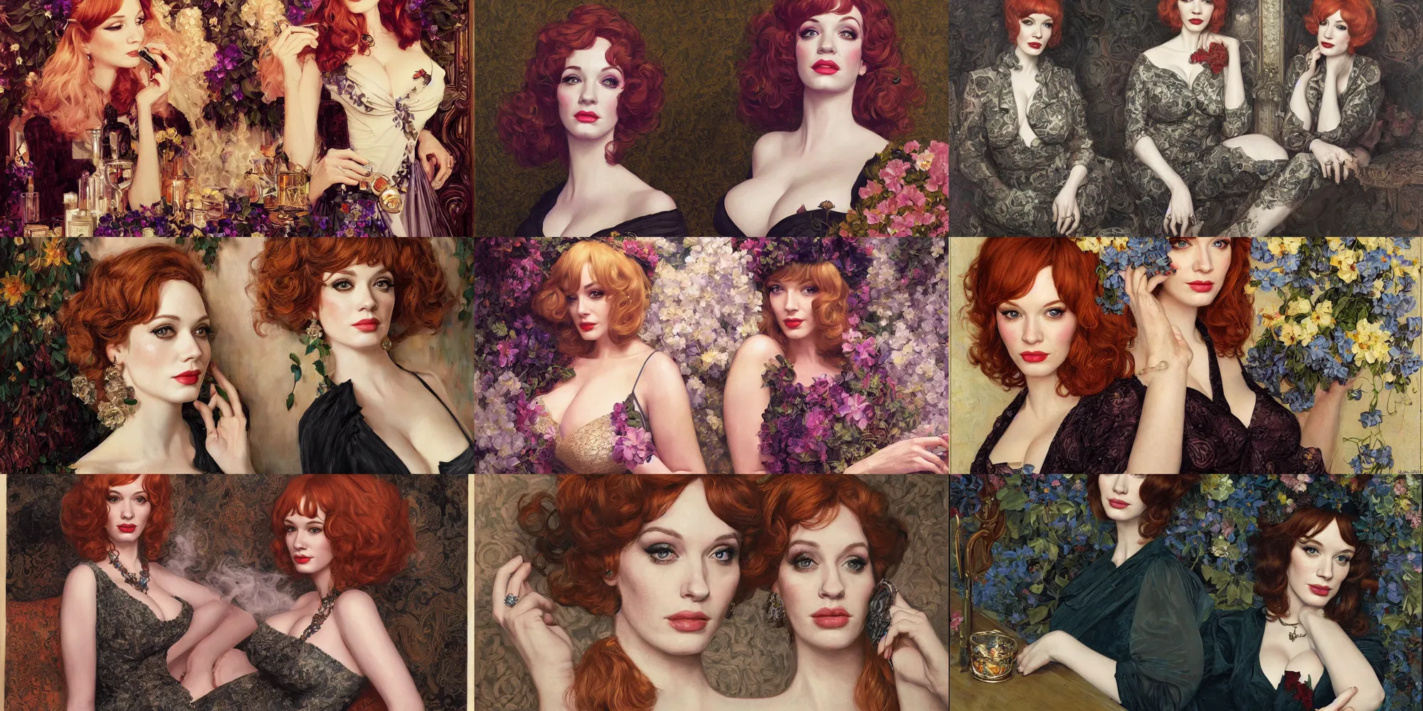 Prompt: sophisticated portrait of Christina Hendricks, 1960s flower power hippy, very smoky Paris bar, elegance, highly detailed, shallow depth of field, Artstation, Artgerm, Donato Giancola and Joseph Christian Leyendecker