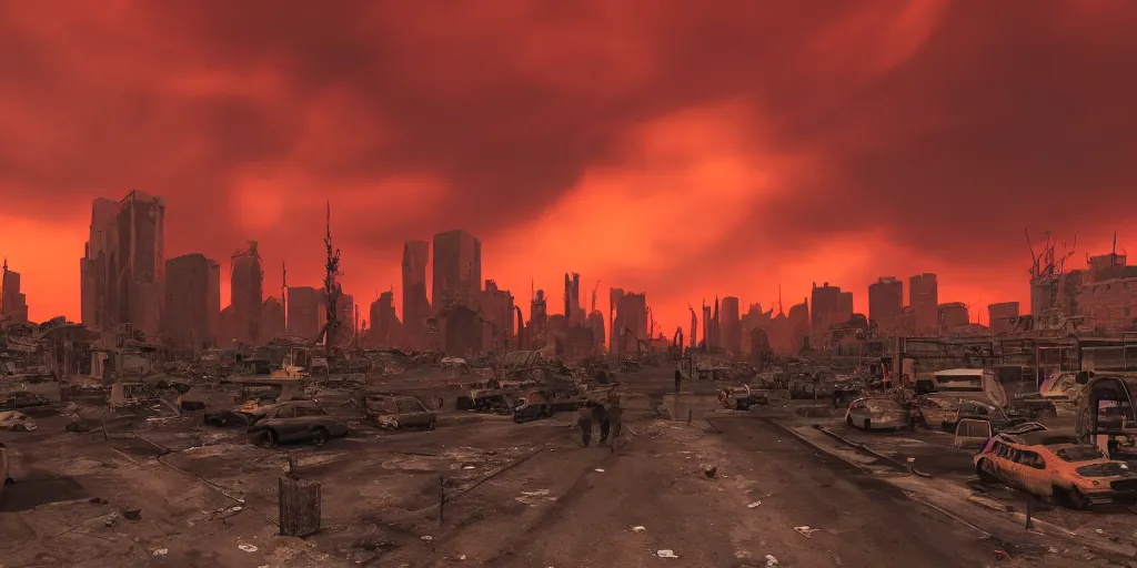 Image similar to post apocalyptic city with burning red sky