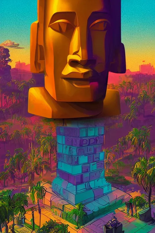 Prompt: synthwave geometric moai statue digital illustration cartoon graffity street comics colorful beeple, by thomas kinkade