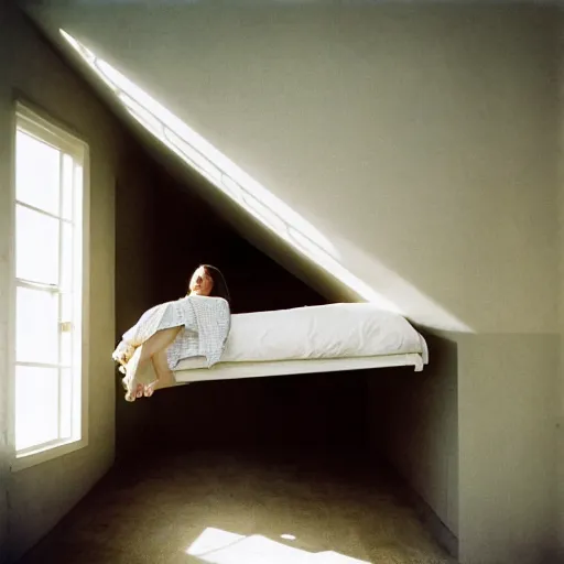 Image similar to portrait of girl in linen clothing falling from the room ceiling into a bed, natural sun lighting, 8 5 mm lens, artistic, photography by annie leibovitz