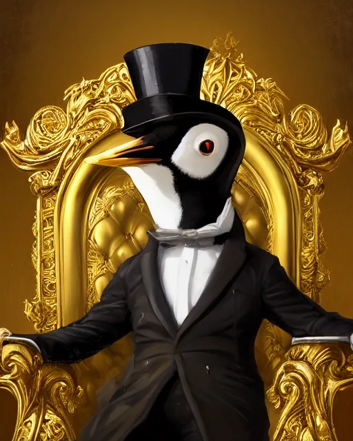 Image similar to oil painting of posh penguin wearing top hat sitting on golden throne, sharp focus, fantasy style, golden steampunk treasury backround, octane render, volumetric lighting, 8k high definition, by greg rutkowski, highly detailed, trending on art Station, magic the gathering artwork, centered