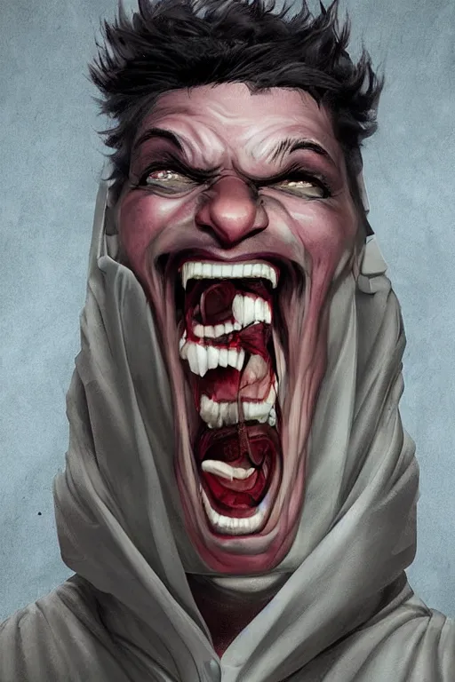 Prompt: digital portrait of a maniacally laughing man wearing a straitjacket in a sanitarium by rafa sandoval and shawn coss, deviantart, artgerm