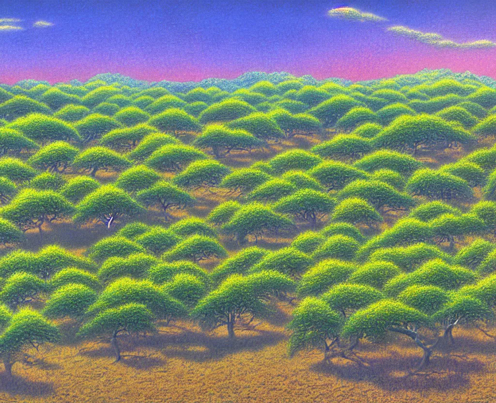 Image similar to a landscape pastel in the style of noriyoshi ohrai and mark tedin of an orchard where all the trees are made of chrome metal. key art. 4 k retrofuturistic fantasy