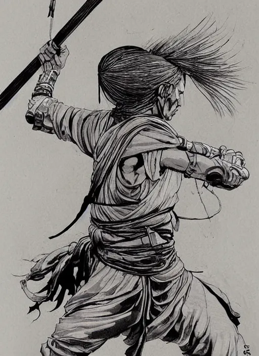 Prompt: a buddhist warrior with a spear, by takehiko inoue and kim jung gi, masterpiece ink illustration