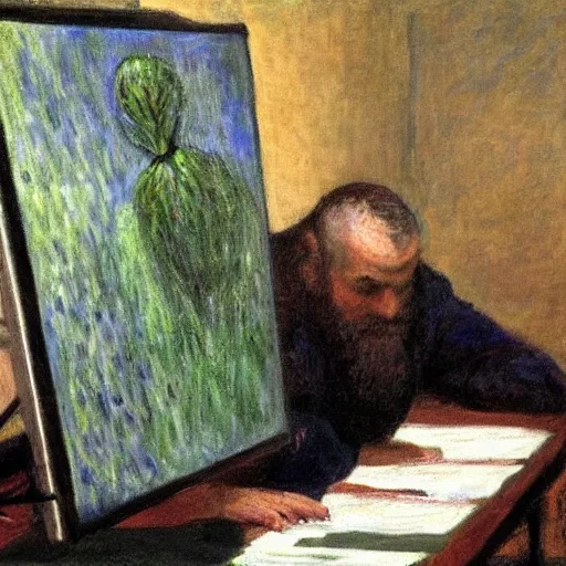 Image similar to monet painting of a frustrated man playing a first person shooter on a computer, highly detailed, realistic,