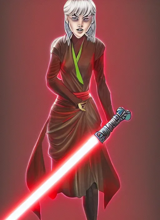 Image similar to comic style the moon character with evil emotion is holding a Jedi red sword in her hands artstation