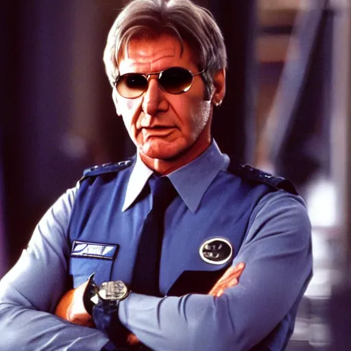 Prompt: A still of Harrison Ford in the new Battlestar Galactica (2003), wearing a very dark blue uniform and oval glasses
