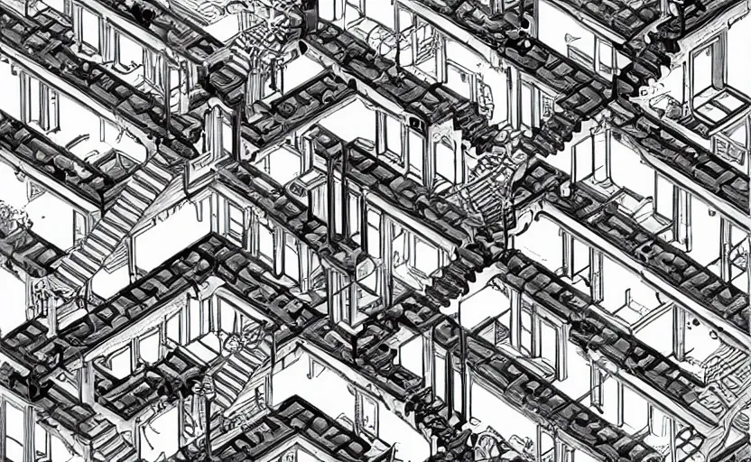 Image similar to Greek Keys, Computers and Staircases isometric wonderland viewscape labyrinthe B&W by MC Escher