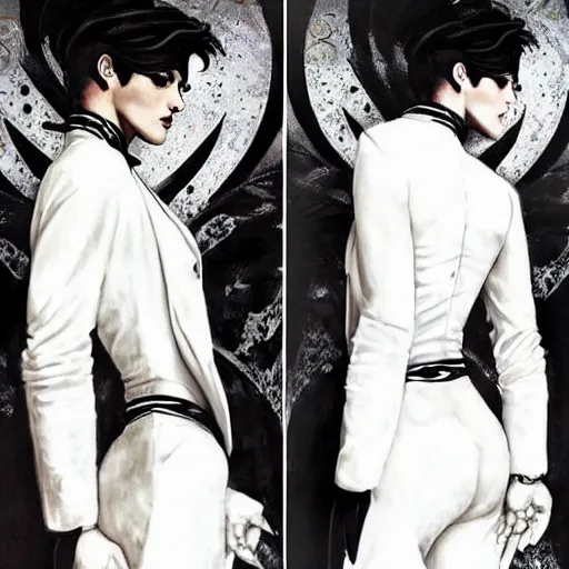 Image similar to beautiful portrait of androgynous ruby rose as desire from sandman in a white tuxedo!!!, rockabilly style, by alphonse mucha, cedric peyravernay, by jeremy mann, by frank moth, white suit and black tie, soft lightning, high detailed, 8 k