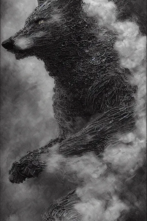 Prompt: portrait of a void fox in black suit surrounded by smoke fumes,, pen and ink, intricate line drawings, by craig mullins, ruan jia, kentaro miura, greg rutkowski