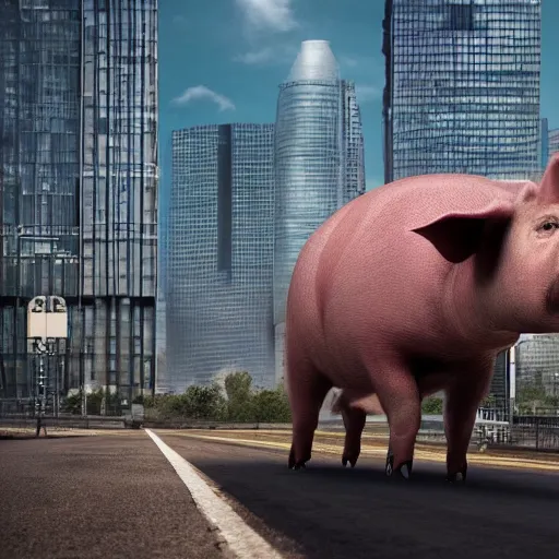 Prompt: award - winning hyperdetailed photograph of an abnormally sized ginormous giant massive scaled up pig the size of a building walking across a city, megalophobia, 4 k, 8 k, high quality