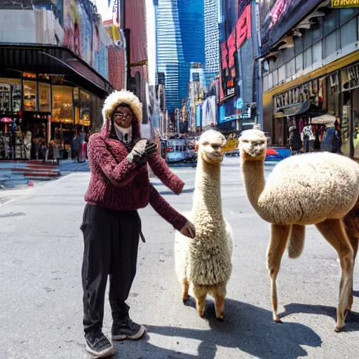 Prompt: <photo hd dslr location='New York City'>Two people in front of a store</photo><photobomb>Alpaca</photobomb>